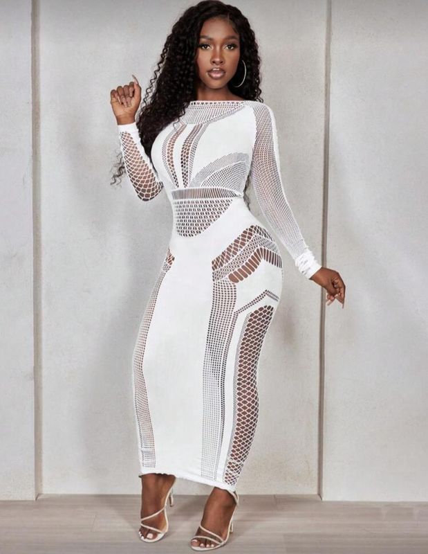 Women's Sexy Hollow Mesh Long Bodycon Dress - White (OS)