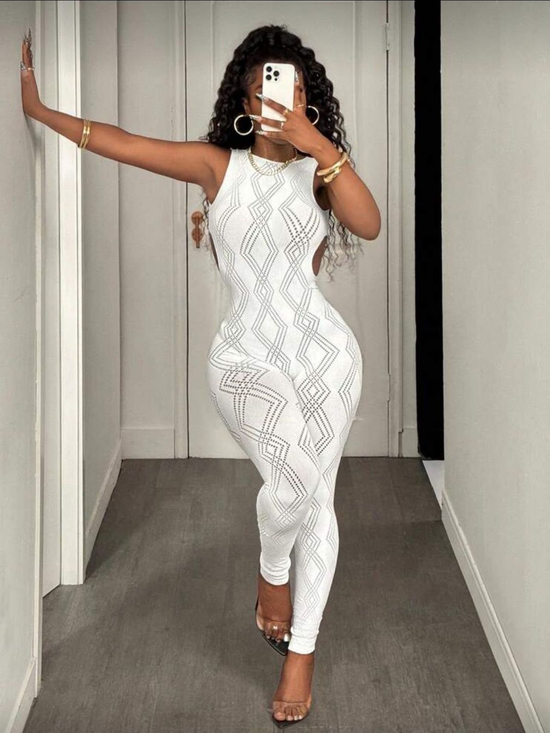 Women Solid Color Mesh Backless Sleeveless Jumpsuit - White (OS)