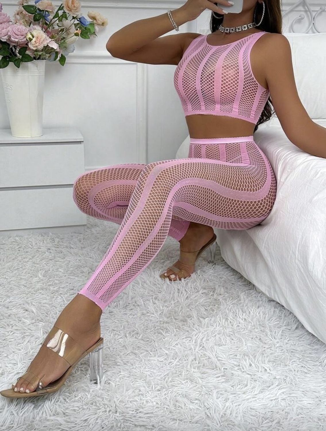 Women Sexy Mesh Set - Pink OS
