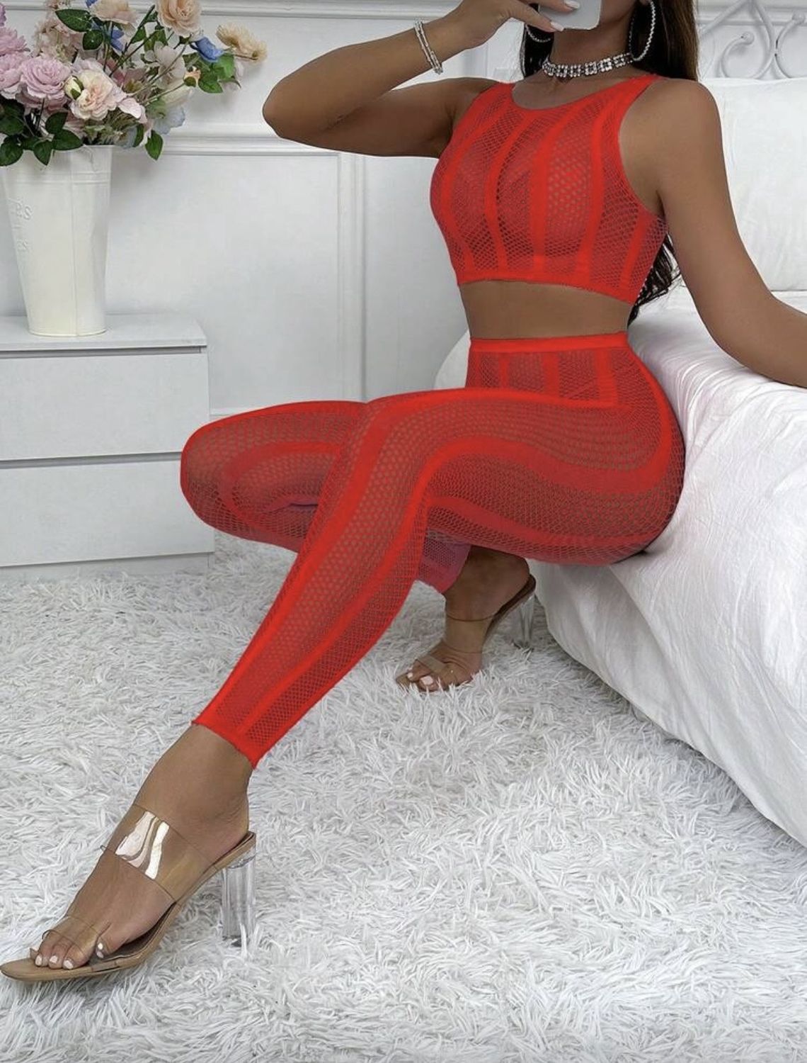Women Sexy Mesh Set - Red OS