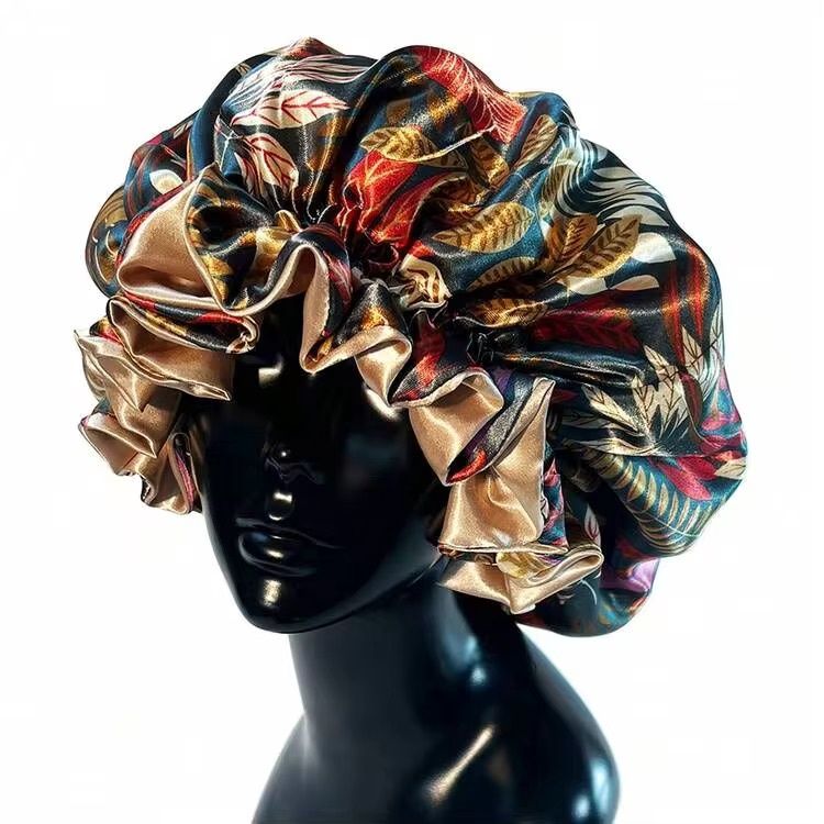 Satin Bonnet Double Lined - Leaves (Black/Multicolor)