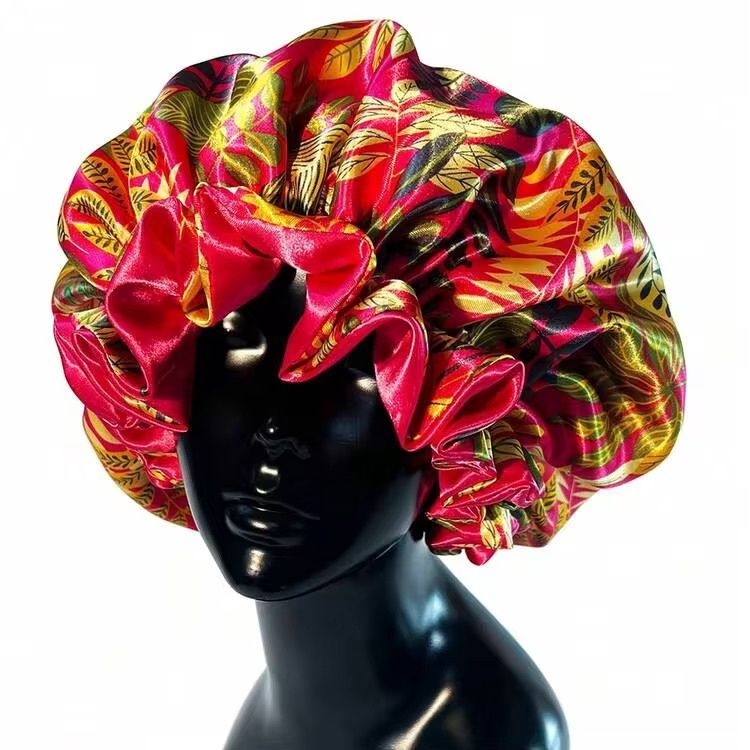 Satin Bonnet Double Lined - Leaves (Pink/Multicolor)