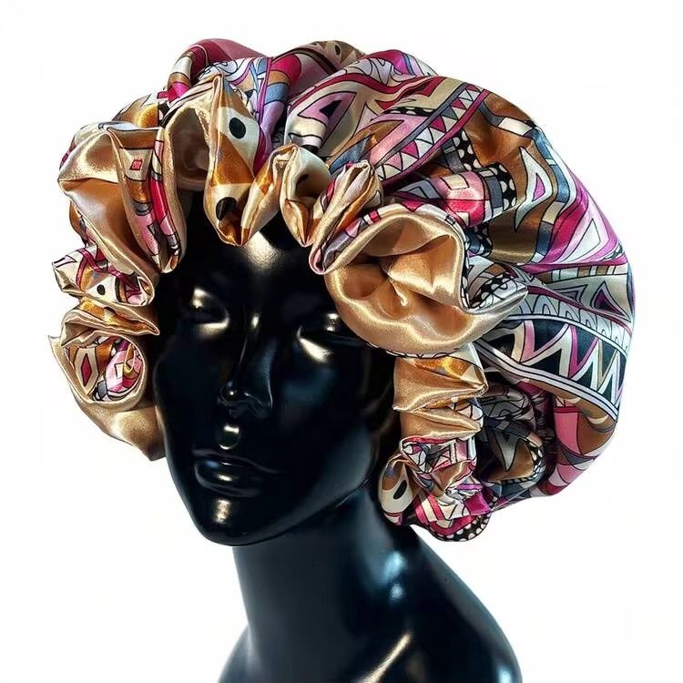 Satin Bonnet Double Lined - Geometric (Pink/Gold)