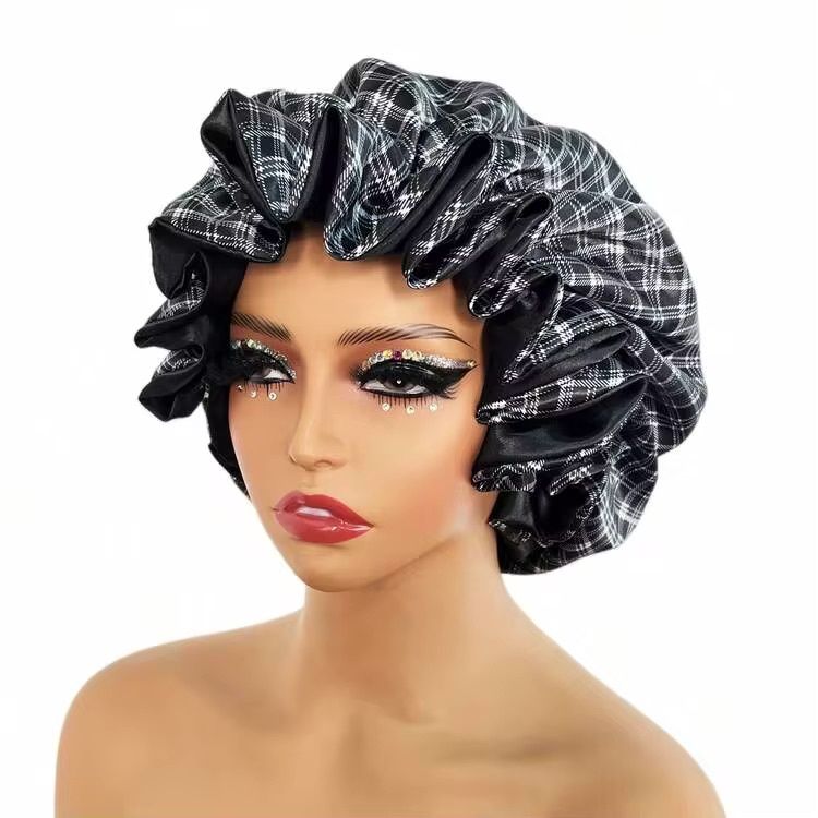 Satin Bonnet Double Lined - Plaid ( Black &amp; White)