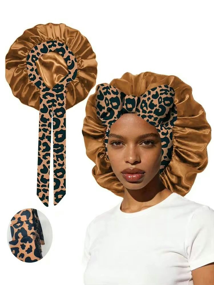 Satin Bonnet w/ Tie Front - Gold / Leopard