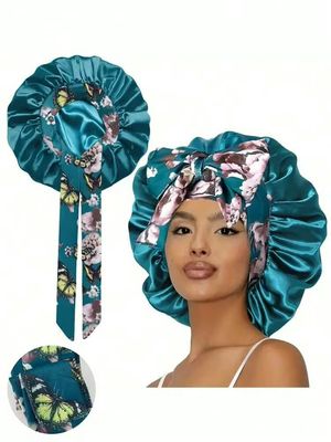 Satin Bonnet w/Tie Front - Green / Floral