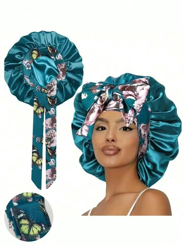 Satin Bonnet w/Tie Front - Green / Floral