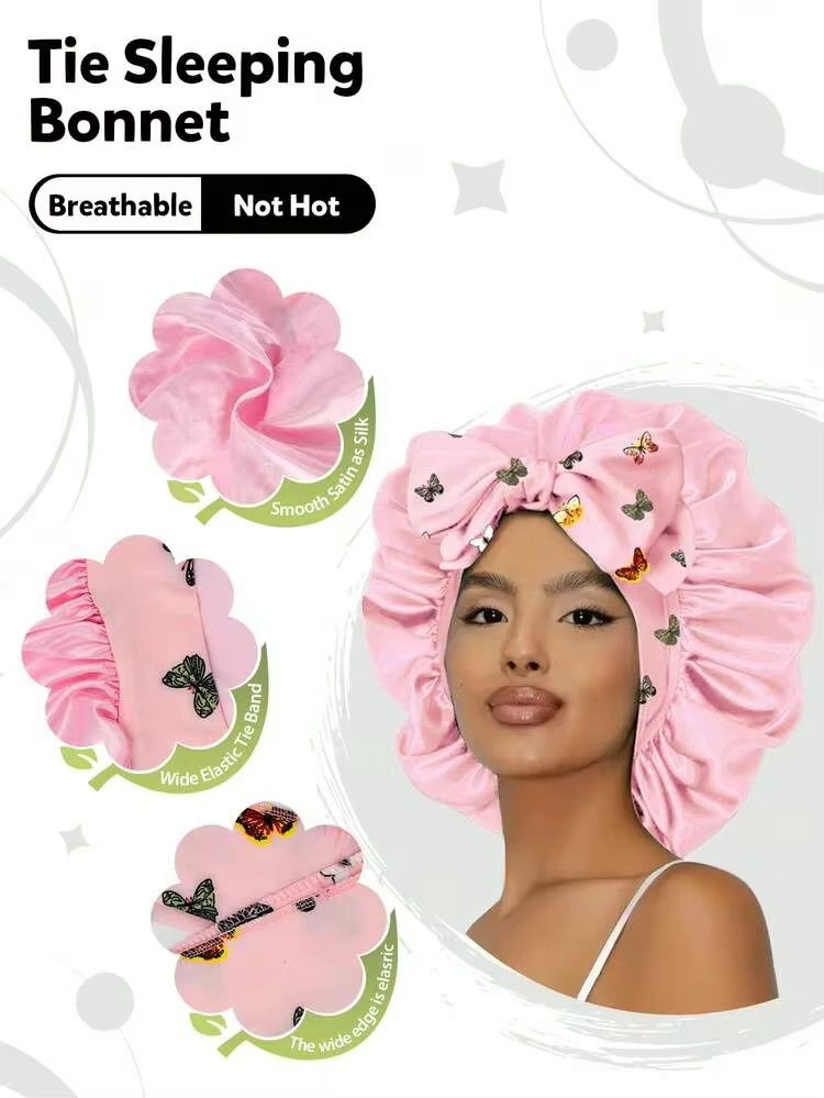 Satin Bonnet w/Tie Front - Pink / Butterfly