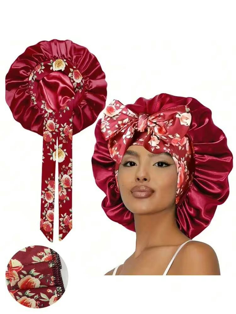 Satin Bonnet w/ Tie Front - Red / Floral