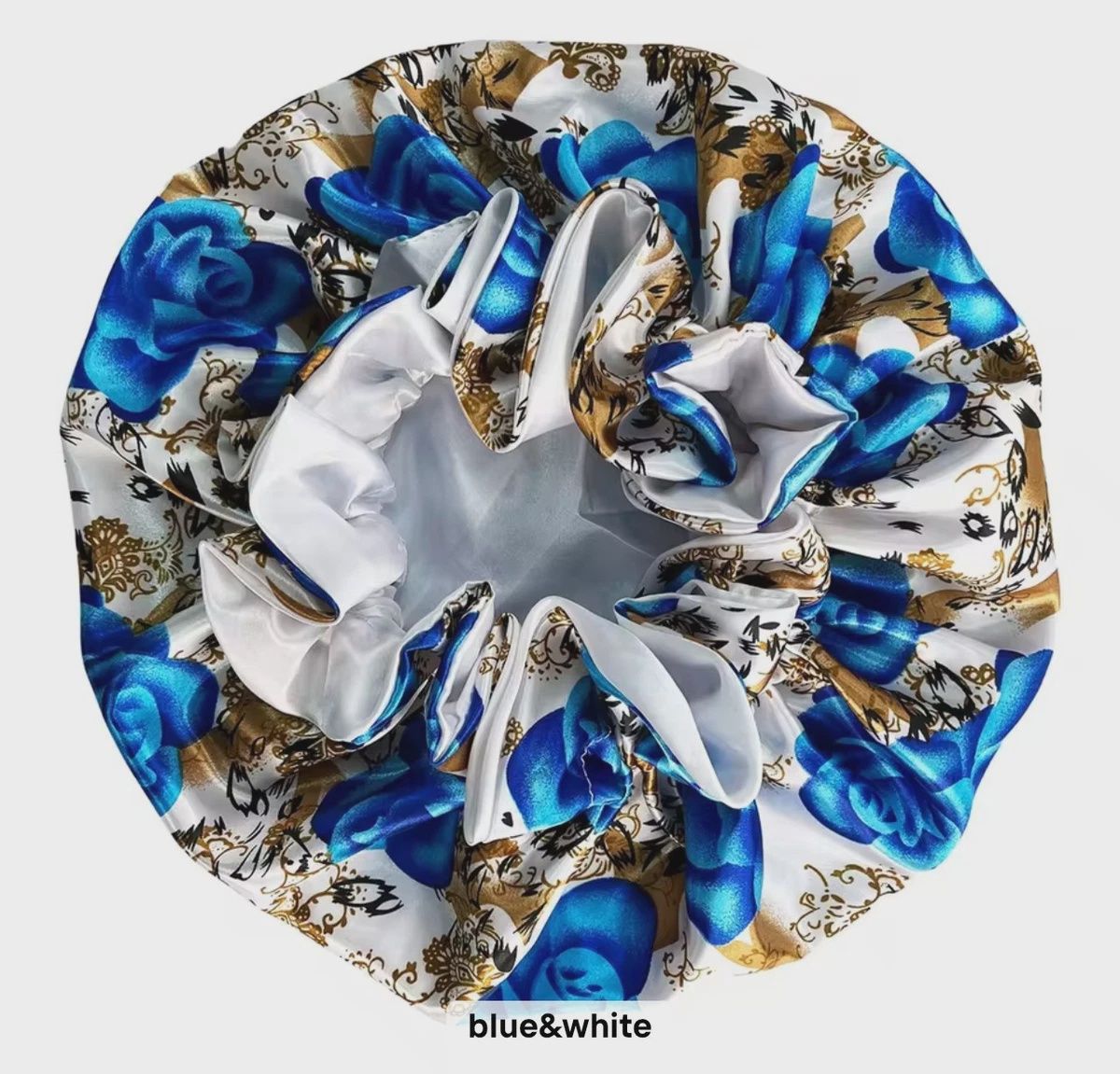 Satin Bonnet Double Lined - White w/Blue Roses