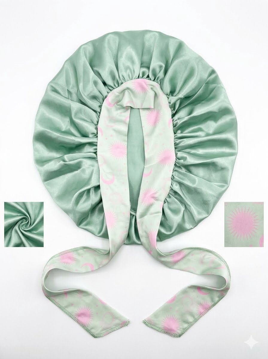 Satin Bonnet w/Tie Front - Green w/Pink Ties