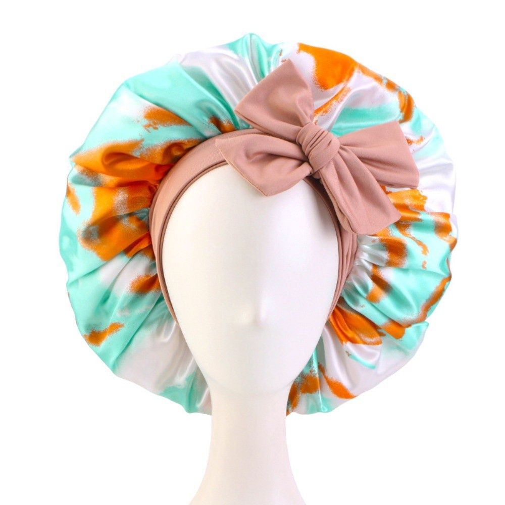 Satin Bonnet w/ Tie Front - Brown/White/Green/Orange