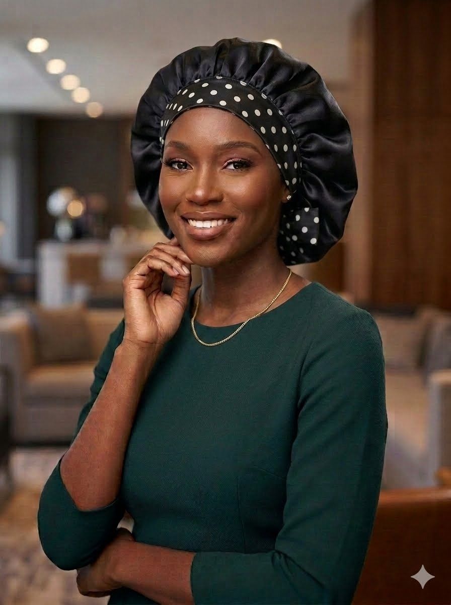 Satin Bonnet w/ Tie Front - Black w/Polkadot Ties