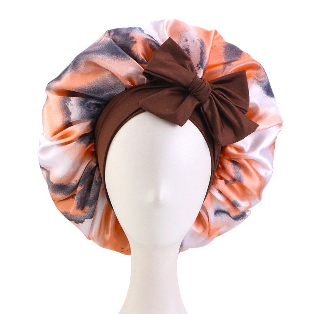 Satin Bonnet w/ Tie Front - Brown/White/Orange/Grey