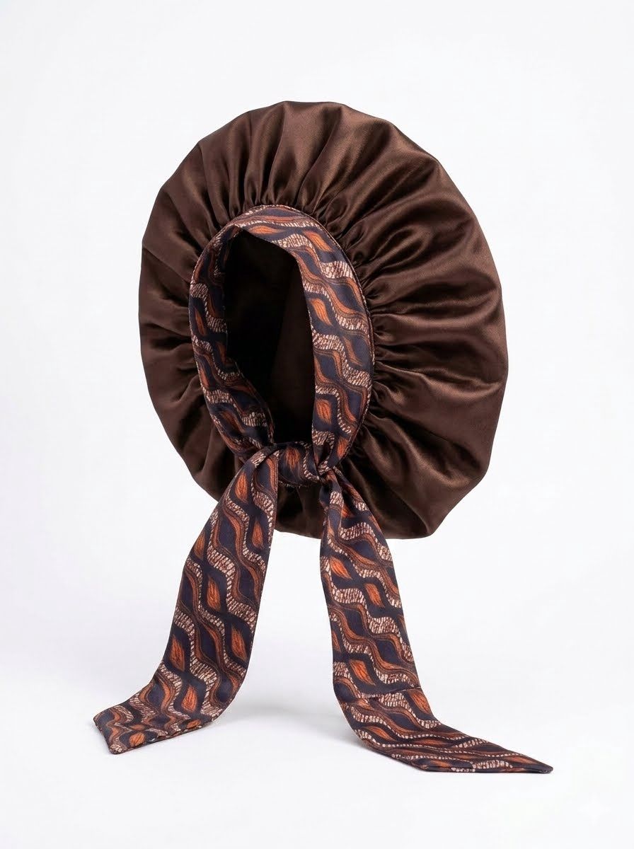 Satin Bonnet w/ Tie Front - Brown Waves