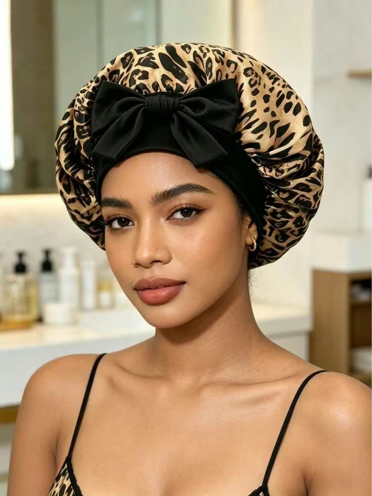 Satin Bonnet w/ Tie Front - Leopard w/ Black Ties