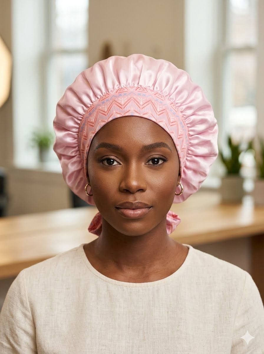 Satin Bonnet w/ Tie Front - Pink Doodles