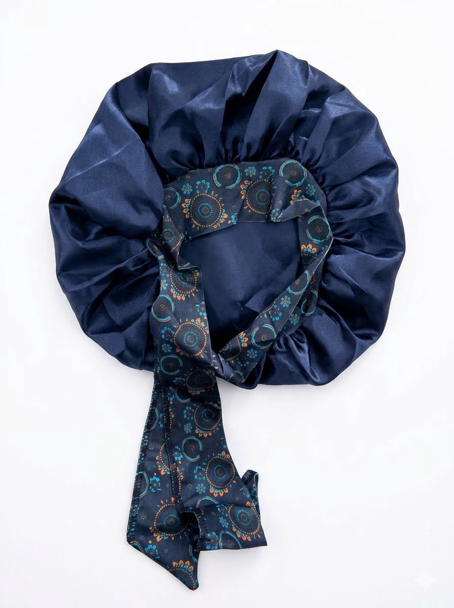 Satin Bonnet w/ Tie Front - Blue w/ Blue &amp; Orange Ties