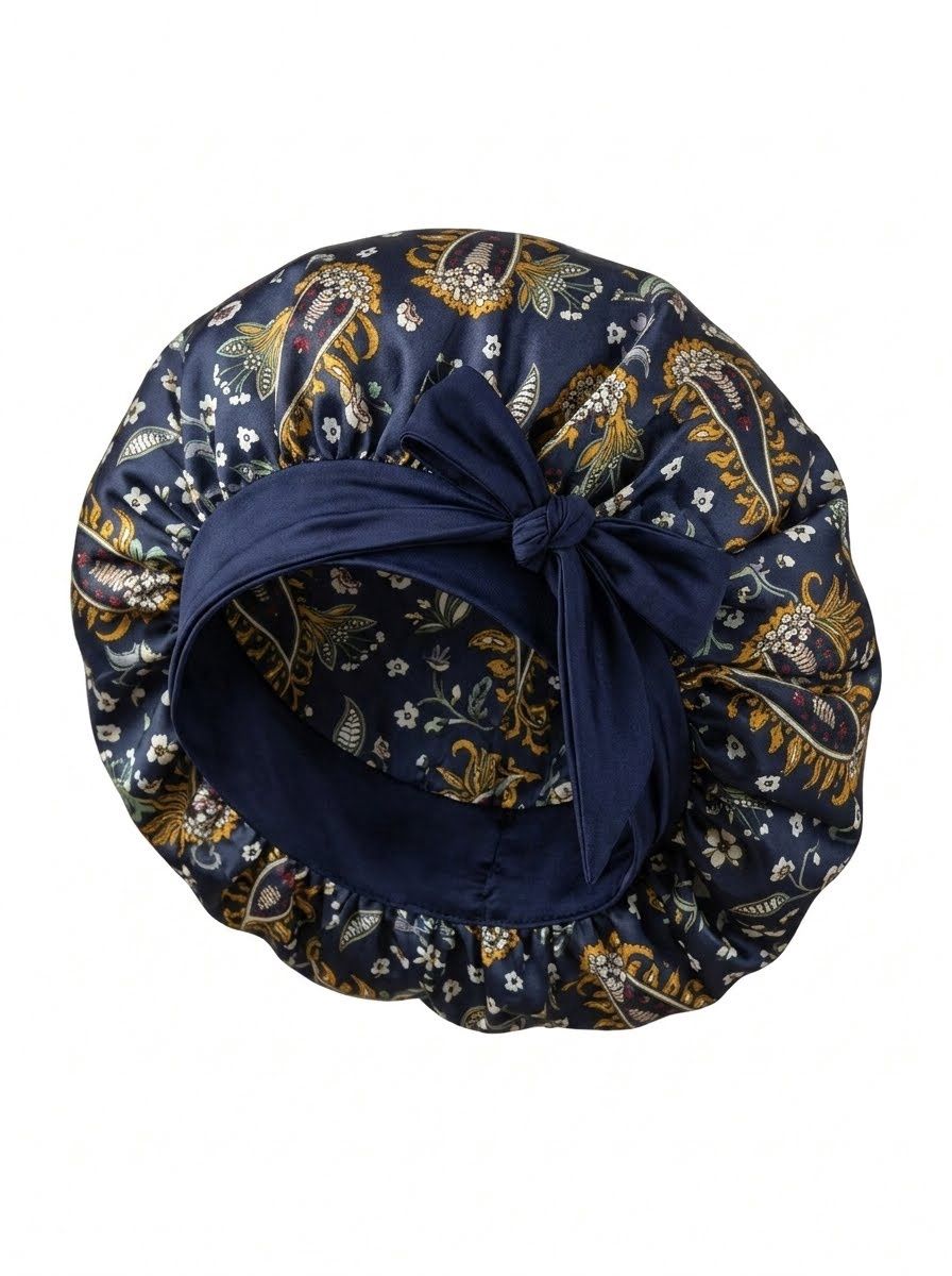 Satin Bonnet w/ Tie Front - Navy Blue Floral