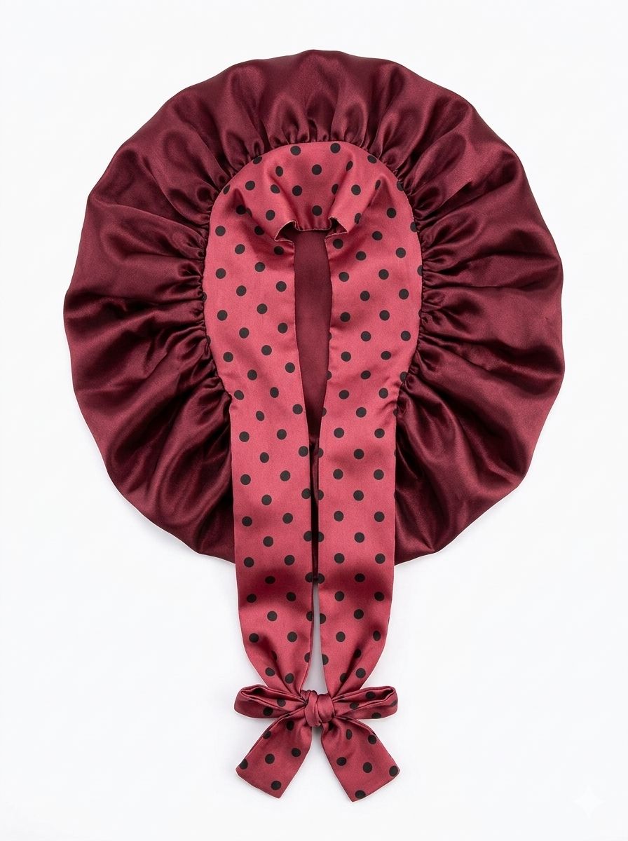 Satin Bonnet w/ Tie Front - Red/Black Polkadots