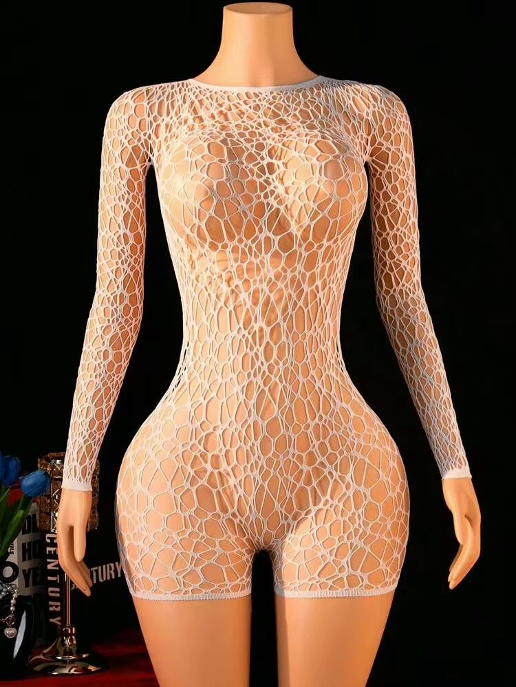 Long Sleeve Mesh Fishnet Body Suit - White (OS)