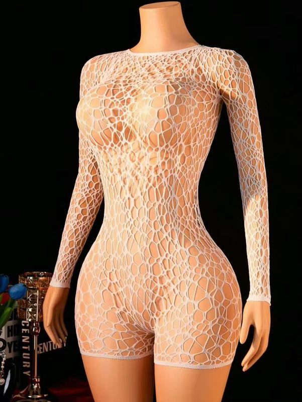 Long Sleeve Mesh Fishnet Body Suit - White (OS)