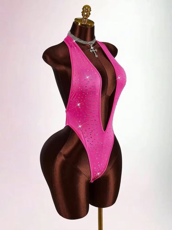 Women’s Sexy Rhinestone Deep V Neck Body Suit - Pink