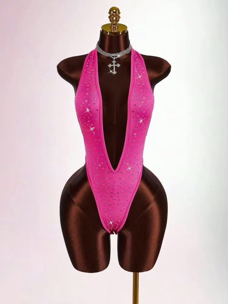 Women’s Sexy Rhinestone Deep V Neck Body Suit - Pink, Size: Small