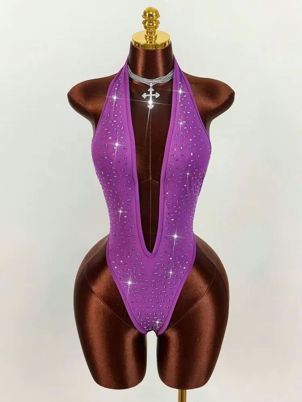 Women’s Sexy Rhinestone Deep V Neck Body Suit - Purple