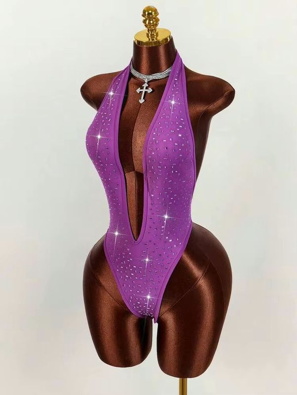 Women’s Sexy Rhinestone Deep V Neck Body Suit - Purple