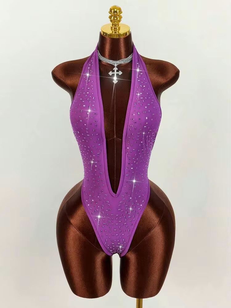 Women’s Sexy Rhinestone Deep V Neck Body Suit - Purple, Size: Médium