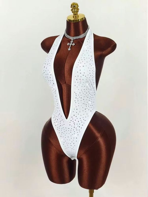 Women’s Sexy Rhinestone Deep V Neck Body Suit - White
