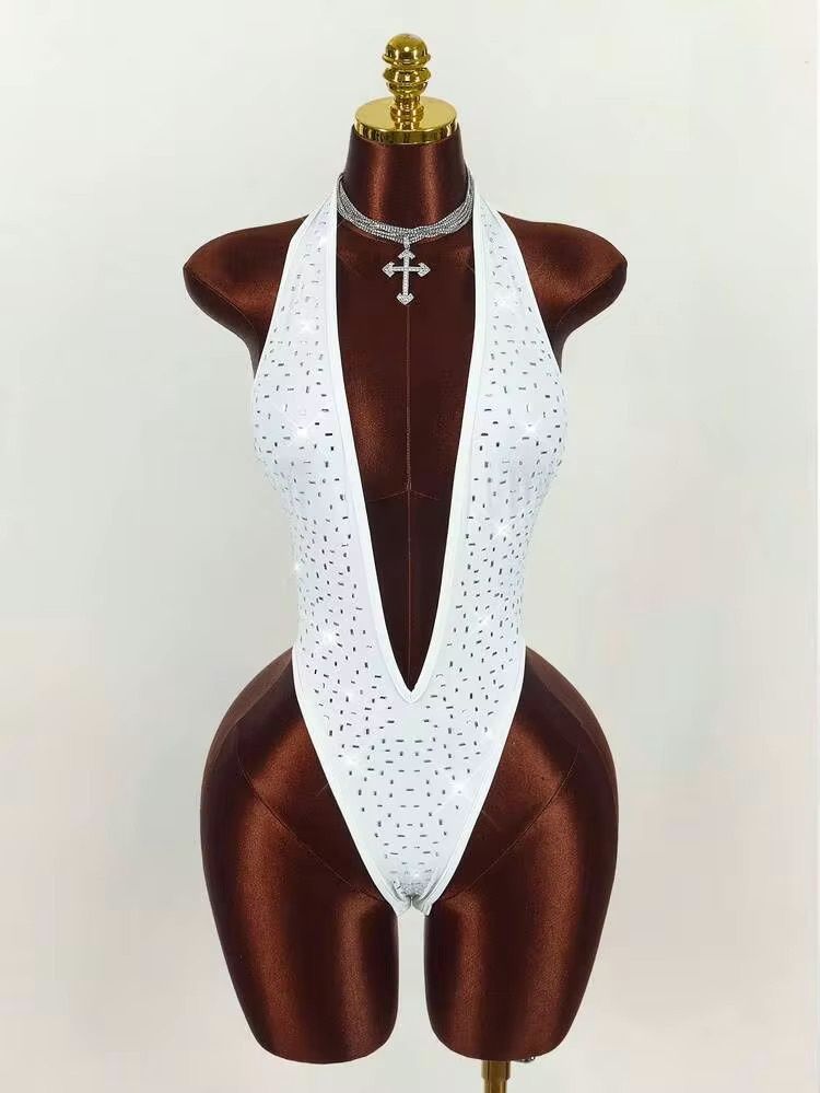 Women’s Sexy Rhinestone Deep V Neck Body Suit - White, Size: X-small