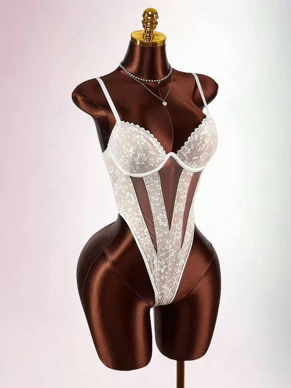 Women’s Sexy Semi Sheer Lace Cami Body Suit - White/Nude