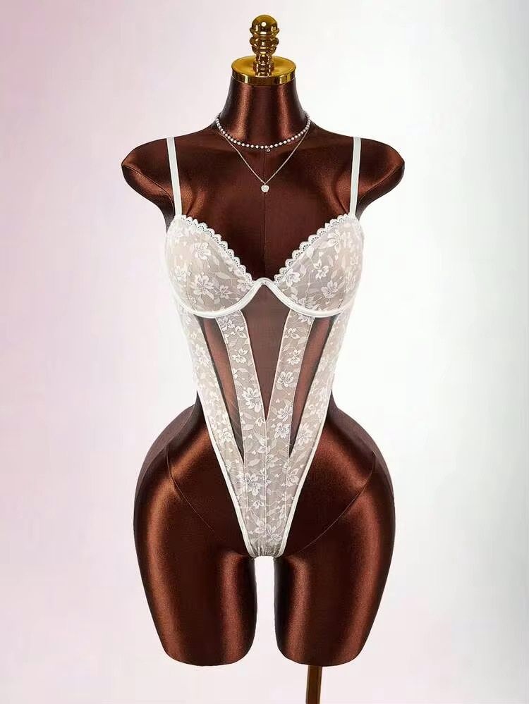 Women’s Sexy Semi Sheer Lace Cami Body Suit - White/Nude, Size: Medium