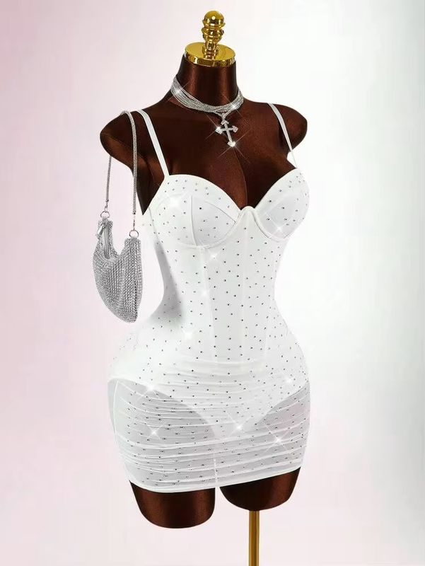 Women’s Sexy Mini Mesh/Rhinestone Bodycon Dress - White