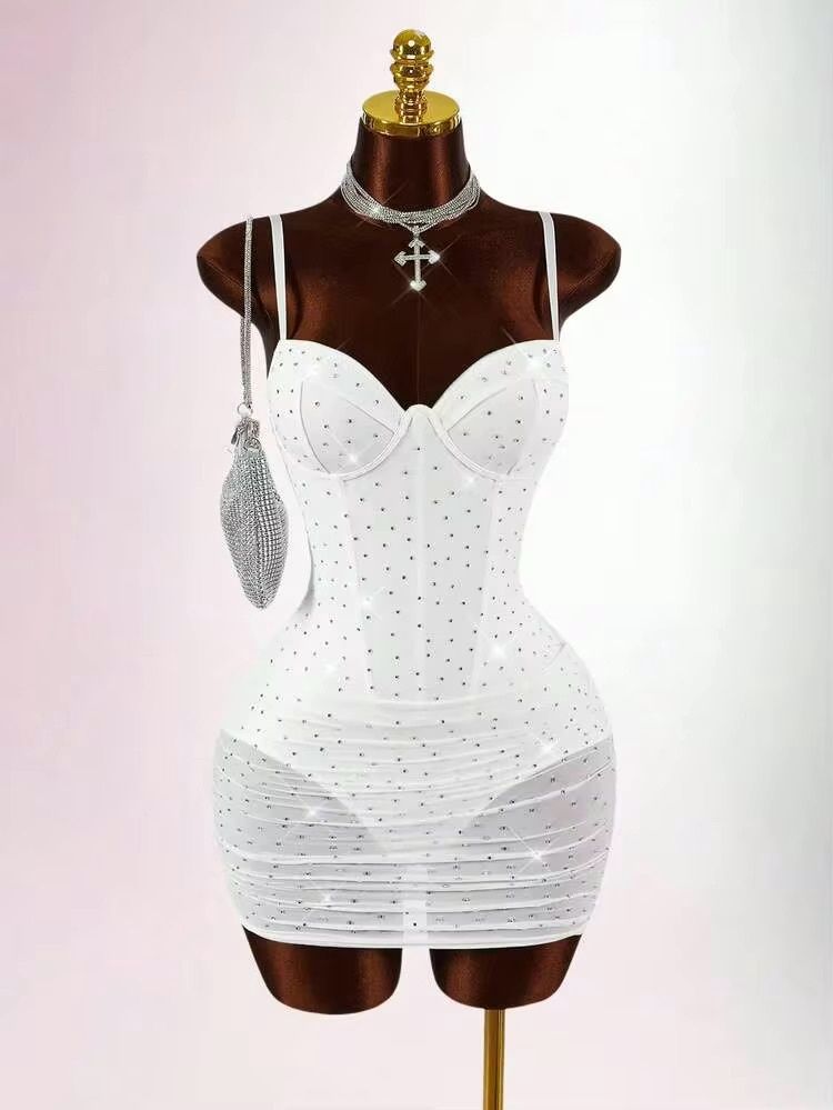 Women’s Sexy Mini Mesh/Rhinestone Bodycon Dress - White, Size: X-small