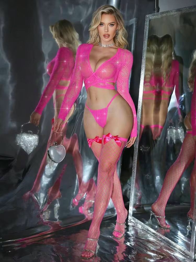 Women’s Sexy 3pc Mesh Lingerie Set w/Stockings - Pink (OS)
