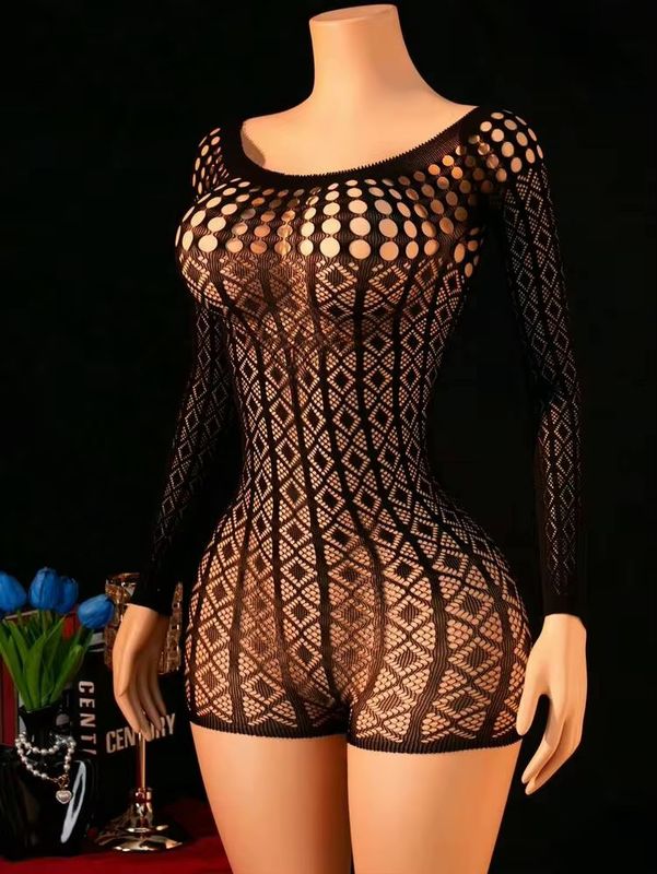 Women’s Sexy Cutout Mesh Long Sleeve Romper - Black (OS)
