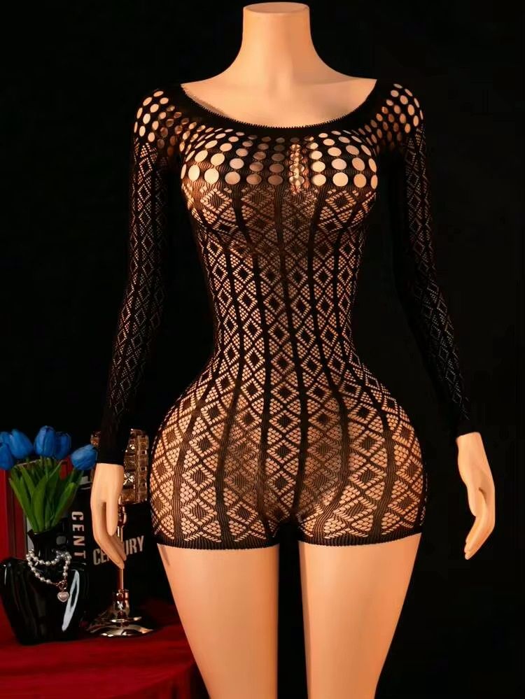 Women’s Sexy Cutout Mesh Long Sleeve Romper - Black (OS)