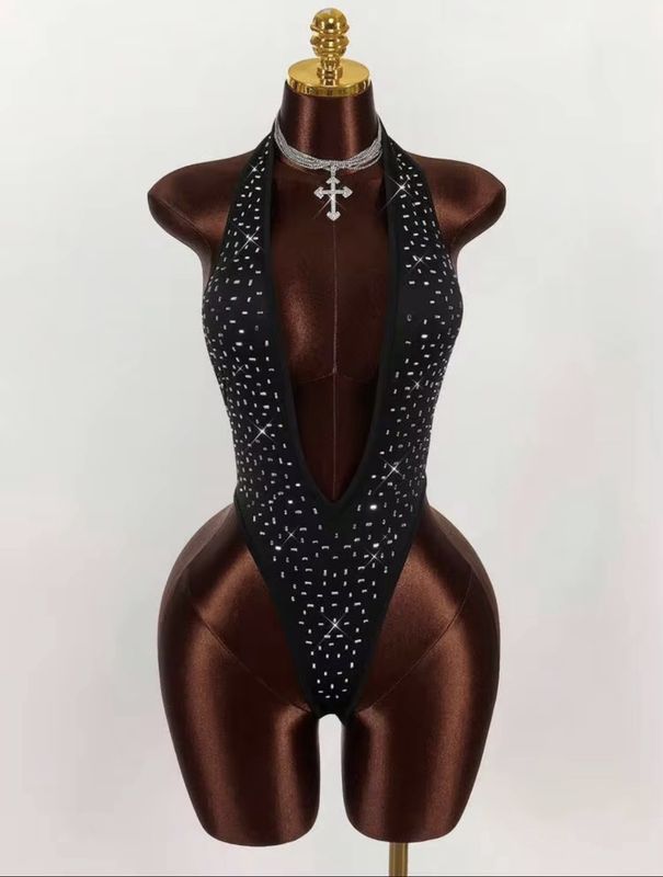 Women’s Sexy Rhinestone Deep V Neck Body Suit - Black