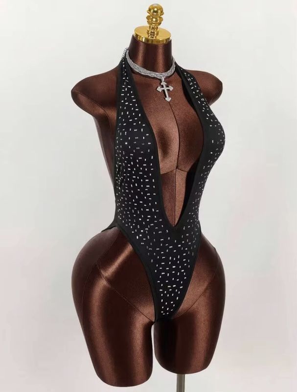 Women’s Sexy Rhinestone Deep V Neck Body Suit - Black