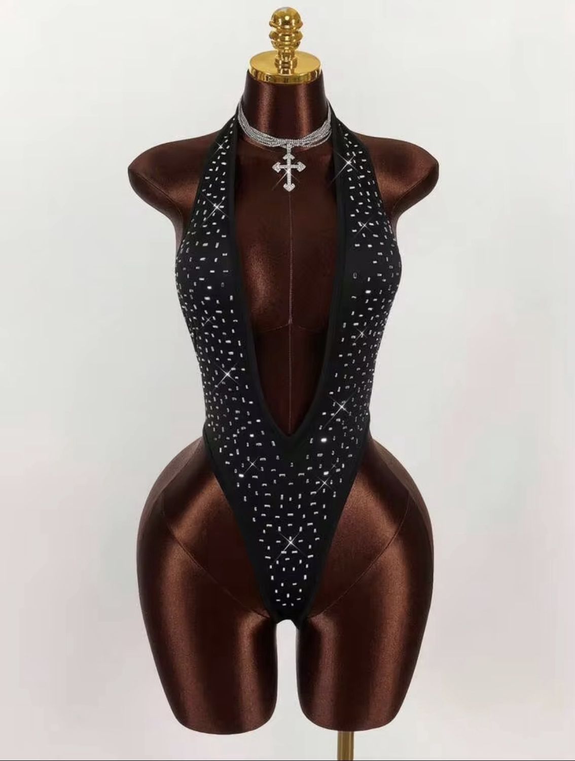 Women’s Sexy Rhinestone Deep V Neck Body Suit - Black, Size: Small