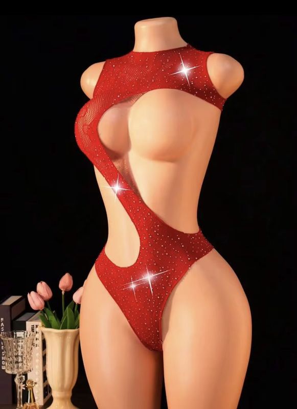 Women’s Sexy Rhinestone Fishnet Body Suit - Red (OS)