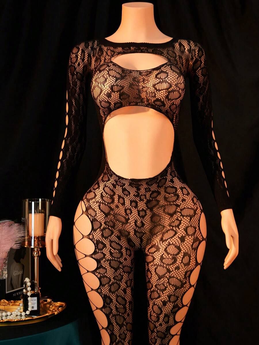 Women’s Sexy Mesh Leopard Lace Body Suit - Black (OS)