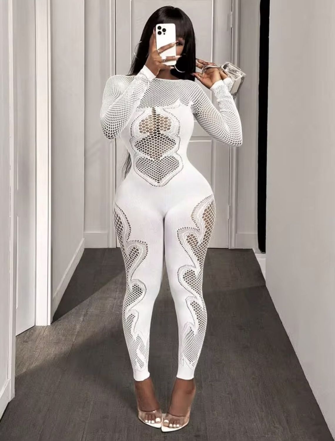 Women’s Sexy Crew Neck, Long Sleeve Mesh Body Suit - White (OS)