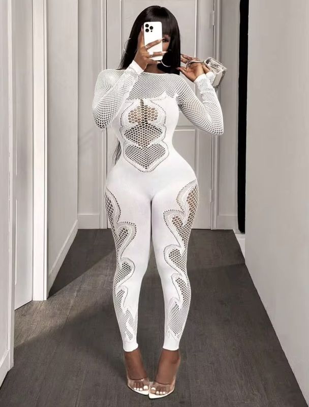 Women’s Sexy Crew Neck, Long Sleeve Mesh Body Suit - White (OS)