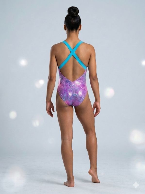 Swim Genesis - V-Front Cross-Back SwimSuit (Pink w/ Blue Straps) Small