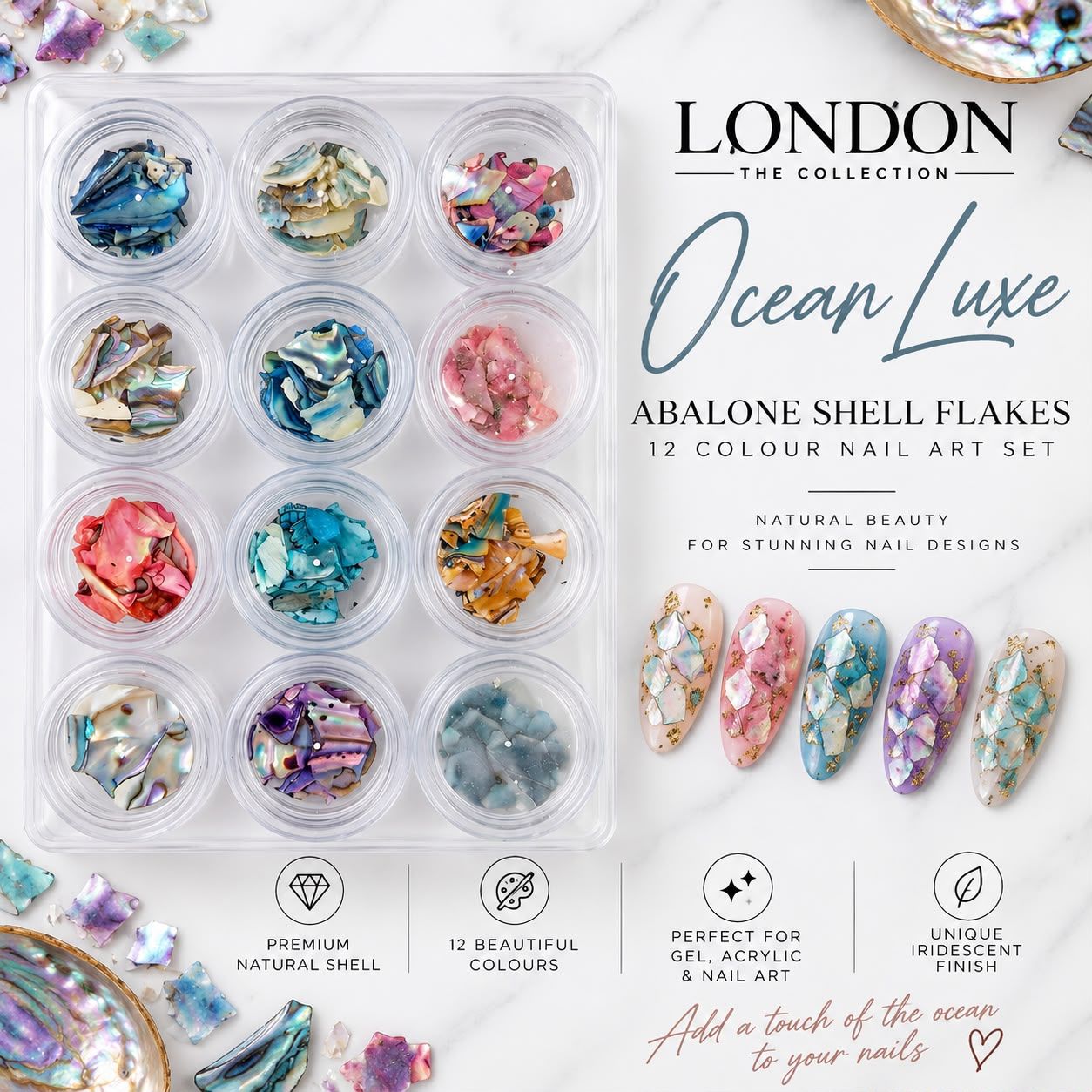 Ocean Luxe Aurora Abalone Shell Flakes-12 Colour Nail Art Set