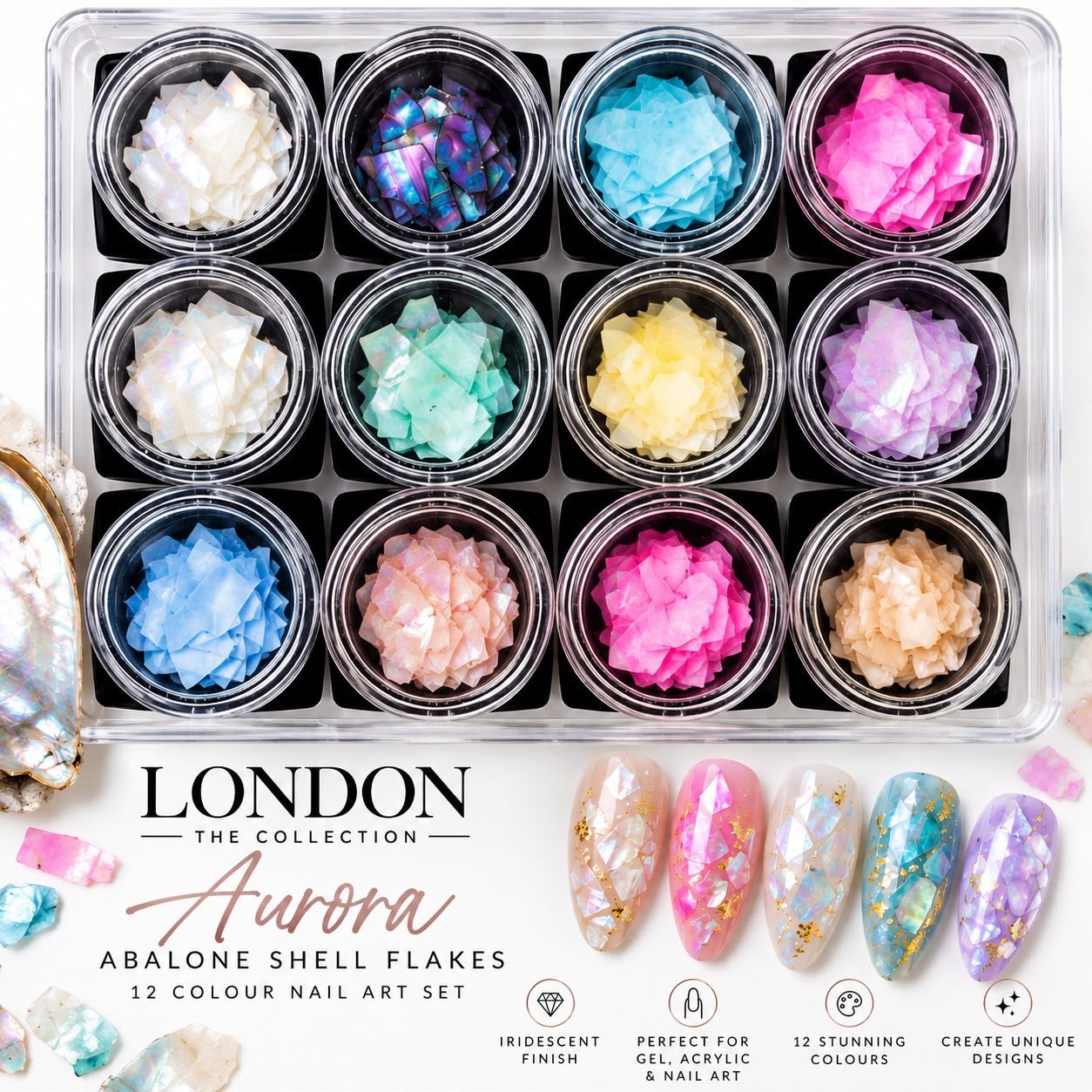 Aurora Abalone Shell Flakes - 12 Colour Nail  Art Set